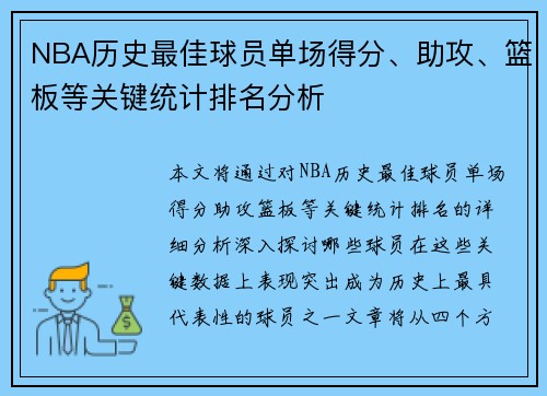NBA历史最佳球员单场得分、助攻、篮板等关键统计排名分析