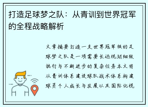 打造足球梦之队：从青训到世界冠军的全程战略解析