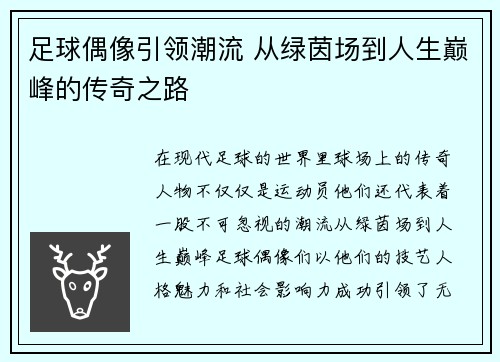 足球偶像引领潮流 从绿茵场到人生巅峰的传奇之路