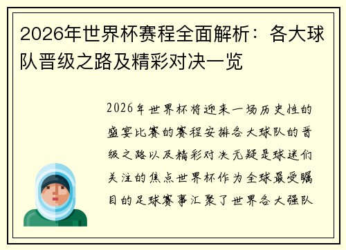 2026年世界杯赛程全面解析：各大球队晋级之路及精彩对决一览